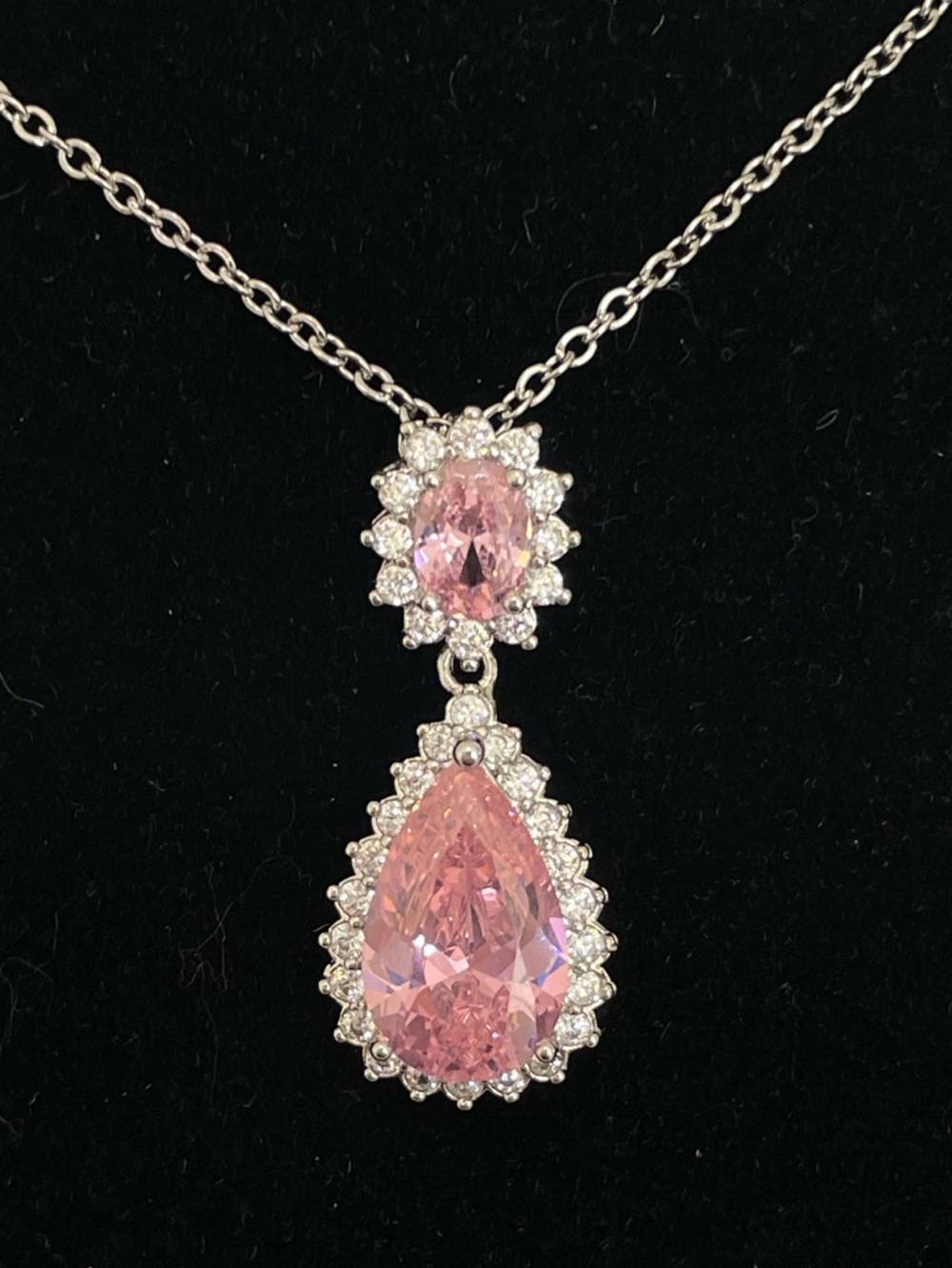 Pink Sapphire Teardrop Pendant Necklace with Clear Halo Accents